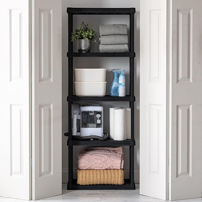 IRIS USA 5-Shelf Light Duty Plastic Storage Shelves, 250lb Capacity, 64"H x 24"W x 12"D, Medium Modular Shelving Unit Storage Organizer for Bathroom, Laundry, Garage & Home, Storage Rack - Black