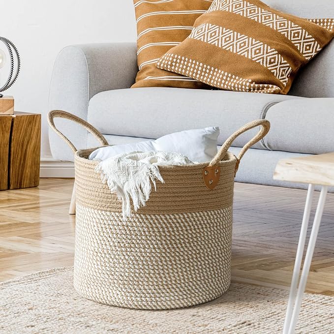 CHICVITA Large Wicker Jute Woven Storage Basket with Handles – Blanket Laundry Basket for Toys Towels Home Decor, White, 14" x 14" x 12"-NeatNest