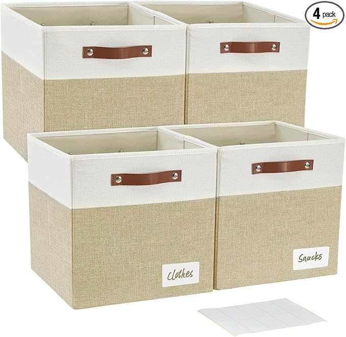 Collapsible Fabric Storage Cube Bins with 2 Reinforced PU Handles, Foldable Storage Organizer Baskets for Closet, Shelves, Living Room | 11"x11"x11", 4 Pack, Beige & White-NeatNest