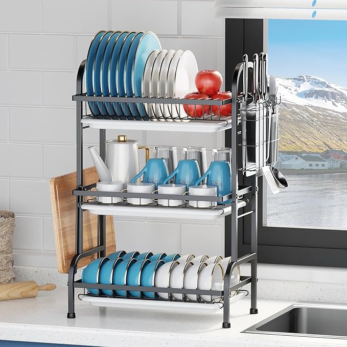 KUK Dish Drying Rack 3 Tier Iron Utensil Holder Over The Sink Dish Rack Drain Drainer Dish Organizer for Countertop Drying Rack Home Kitchen