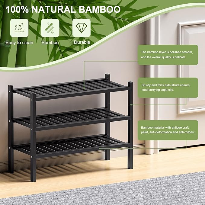 3 Tier (Thick) Bamboo Shoe Rack for Entryway, Small Wood Shoe Shelf Storage Organizer for Closet, Shoe Stand for Hallway, Stackable and Sturdy 27"x12"x21" Black-NeatNest
