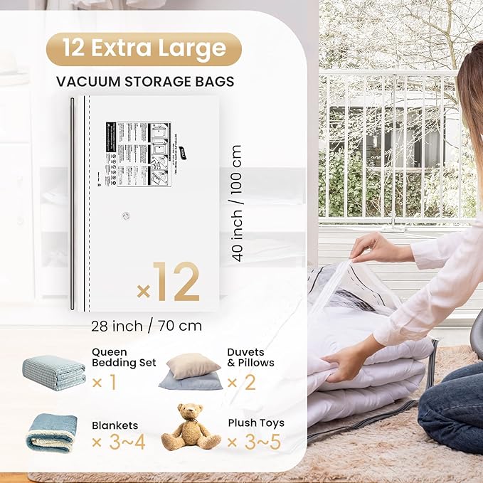 TAILI 12 Pack Jumbo Vacuum Storage Bags, 40x28 inch, Space Saver for Bedding, Blankets, Pillows, Clothes, LONG SIDE ZIP Vacuum Seal Bags for Clothing Ideal Under Bed Storage Solution-NeatNest