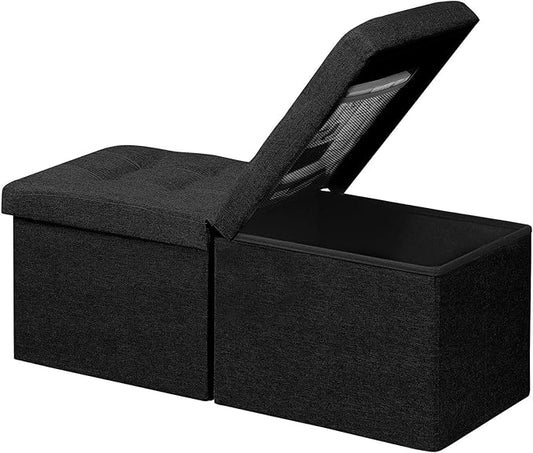 AmasSmile Storage Bench Folding Ottoman Foot Rest Stool, 34 inch Black Linen Footstool, Short Ottoman Bench, Foot Rest Store as Books, and Blanket Storage or Others