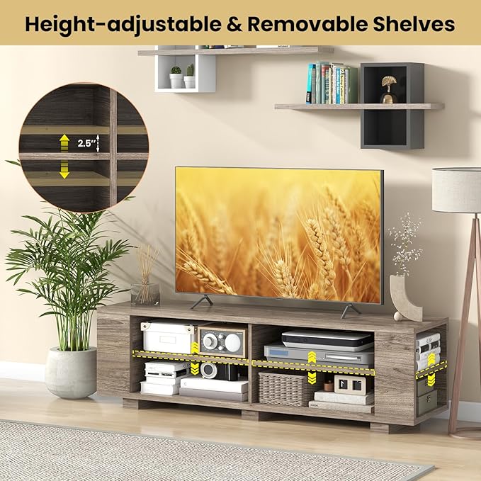 Giantex Modern TV Stand for TVs up to 65 Inch, Wood Entertainment Center w/ 8 Open Storage & Adjustable Shelves, Television Stands w/Cable Holes, TV Console Table for Living Room Bedroom (Black Oak)-NeatNest