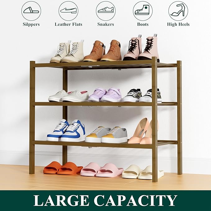 Smiry Shoe Rack, 3 Tier Thick Bamboo Shoe Organizer, Stackable Free Standing Wooden Shoe Storage Shelf for Closet, Entryway, Front Door Entrance, Walnut-NeatNest