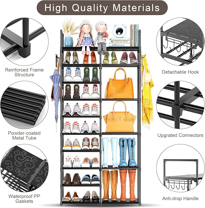 Kottwca 2 Row 10 Tier Tall Shoe Rack Organizer for Closet Entryway, 40-45 Pair Shoe Boot Storage Rack, Metal Shoe Shelf Small Vertical Stackable Shoe Stand for Bedroom Corner-NeatNest