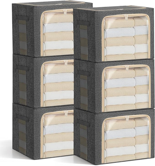 6-Pack Clothes Storage Bags, Foldable Storage Bins with Metal Frame, Clear Window, Reinforced Handles, Durable Non-Woven Fabric for Clothes, Bedding, Blankets, 40L, Dark Gray-NeatNest