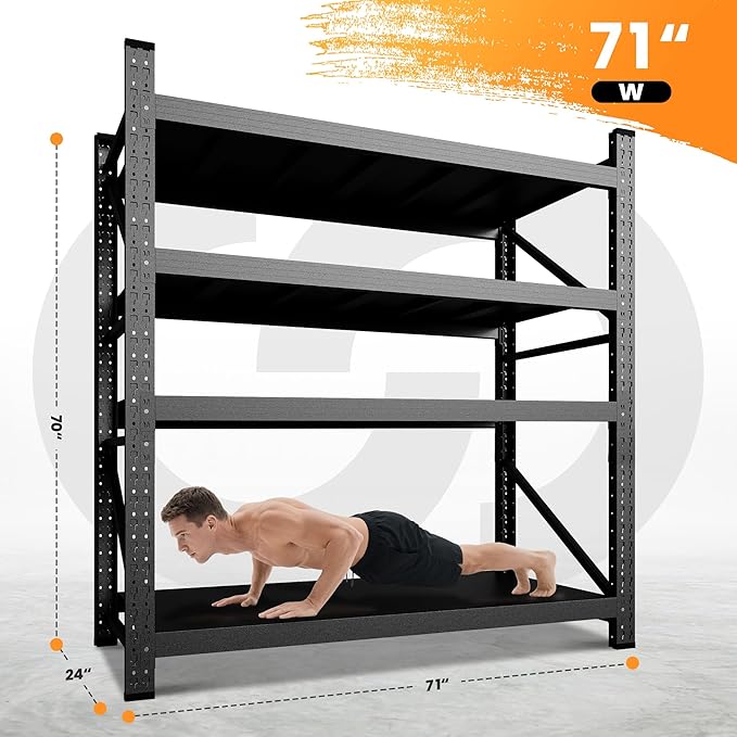 71” W Storage Shelves Heavy Duty, 5000LBS Metal Garage Shelving Units, 4 Tier Storage rack shelf, Steel Industrial Shelving , Adjustable Standing Shelf for Basement/Warehouse 71"W x 24"D x 70"H, Black-NeatNest