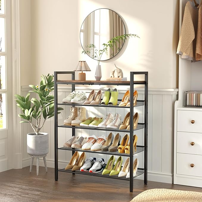 Shoe Rack for Front Door Entrance, 5 Tier Shoe Rack for Entryway, 16-20 Pairs of Shoes, Metal Shoe Rack Organizer, Free Standing Shoe Rack for Closet (Black+Rustic Brown)-NeatNest