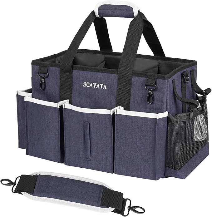 Wearable Caddy Bag, Cleaning Supplies Organizer With Handle & Shoulder Straps for Housekeepers, Under Sink & Car Tool Organizers With 4 Foldable Divider (NavyBlue)