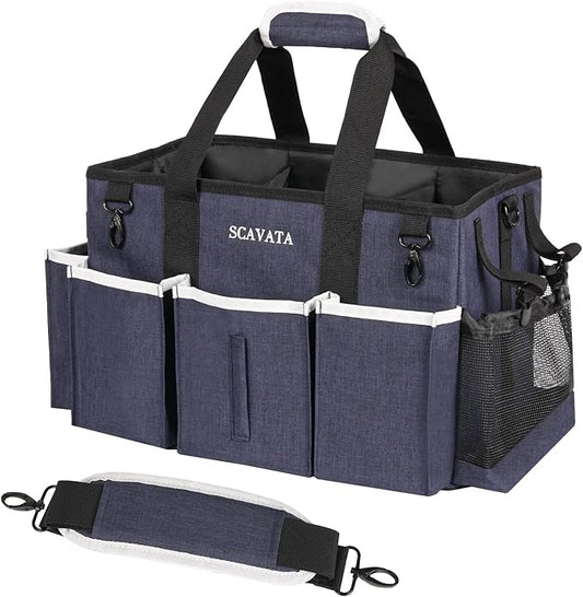 Wearable Caddy Bag, Cleaning Supplies Organizer With Handle & Shoulder Straps for Housekeepers, Under Sink & Car Tool Organizers With 4 Foldable Divider (NavyBlue)