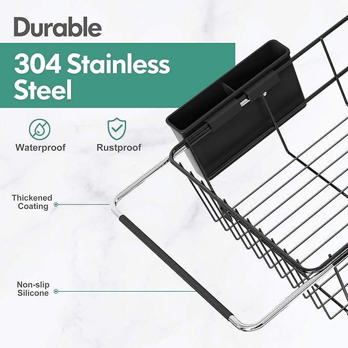 romision Dish Drying Rack in Sink, Black Dish Drying Rack Over Sink, Stainless Steel Black Dish Strainers for Kitchen Sink with Utensil & Cup Holder
