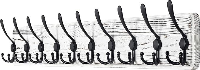 Dseap Wall Mounted Coat Rack with 10 Tri Hooks: Wooden Coat Hook Hanger for Coats Towels Hats Clothes, White & Black
