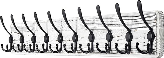 Dseap Wall Mounted Coat Rack with 10 Tri Hooks: Wooden Coat Hook Hanger for Coats Towels Hats Clothes, White & Black