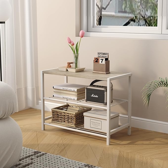 HOMEFORT 3-Tier Shoe Rack, Shoe Storage Shelf, Industrial Shoe Tower, Narrow Shoe Organizer for Closet Entryway, Small Shoe Rack Table with Durable Metal Shelves, White Oak-NeatNest