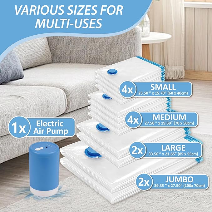 12 Pack Travel Vacuum Storage Bags with Portable Electric Pump, Vacuum Seal Space Saver Bags for Clothing, Vacuum Travel Bags for Luggage-NeatNest