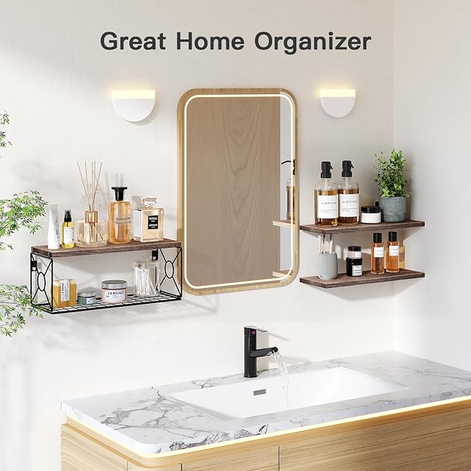 Amada Bathroom Shelves Over Toilet with Storage Basket, Floating Bathroom Wall Shelves for Home Organization & Wall Decor, Bathroom/Kitchen/Living Room Shelves–Rustic Brown-NeatNest