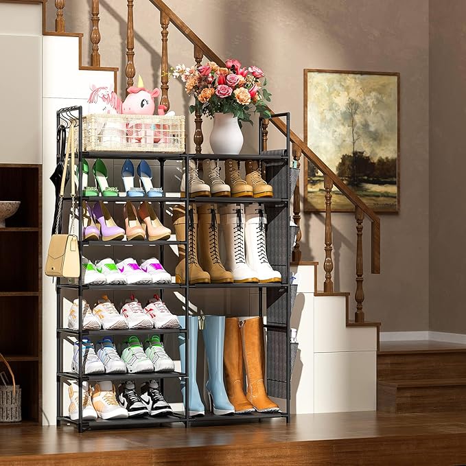 Kottwca 7 Tiers Shoe Rack Metal Shoe Organizer for Entryway Closet, 24-28 Pairs Stackable Shoe and Boots Shelf Storage Cabinet with Hooks and Side Hanging Pockets for Bedroom, Garage, Black-NeatNest