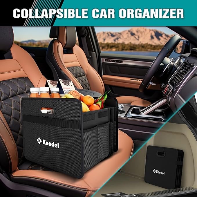 K KNODEL Car Trunk Organizer, Foldable Organizer for Car, Automotive Consoles & Organizers, 3 Compartments Storage with Reinforced Handles (Large, Black)-NeatNest