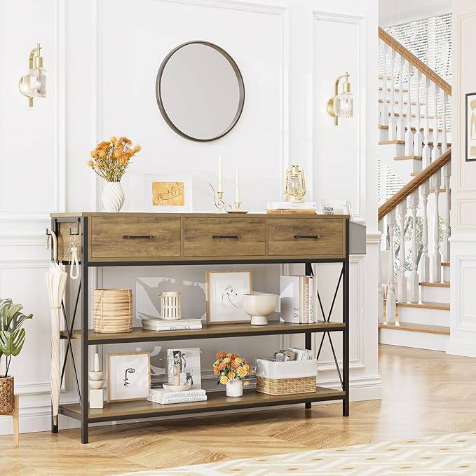 HITHOS 47.2" Console Table with 3 Drawers, Industrial Long Entryway Foyer Table with 3-Tier Storage Shelves, Narrow Sofa Hallway Table for Living Room, Entry Way, Kitchen, Rustic Brown-NeatNest