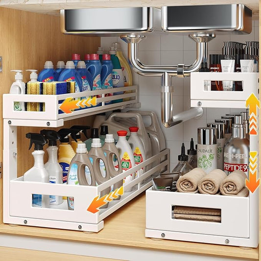2-Pack 20.47"Deep Under Sink Organizer And Storage,2-Tier L-Shaped Pull Out Cabinet Organizer with Upgraded Slide Rails,Height Adjustable Drawers for Kitchen&Bathroom,Extra-Large Storage Shelves–White-NeatNest