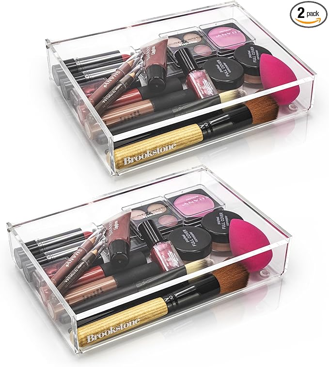 BROOKSTONE [2 PACK Makeup Organizer Acrylic Storage with Lid, Clear Plastic Display Box, Two Piece Cosmetic Case Measuring 7.75” x 5.25” x 1.8…-NeatNest