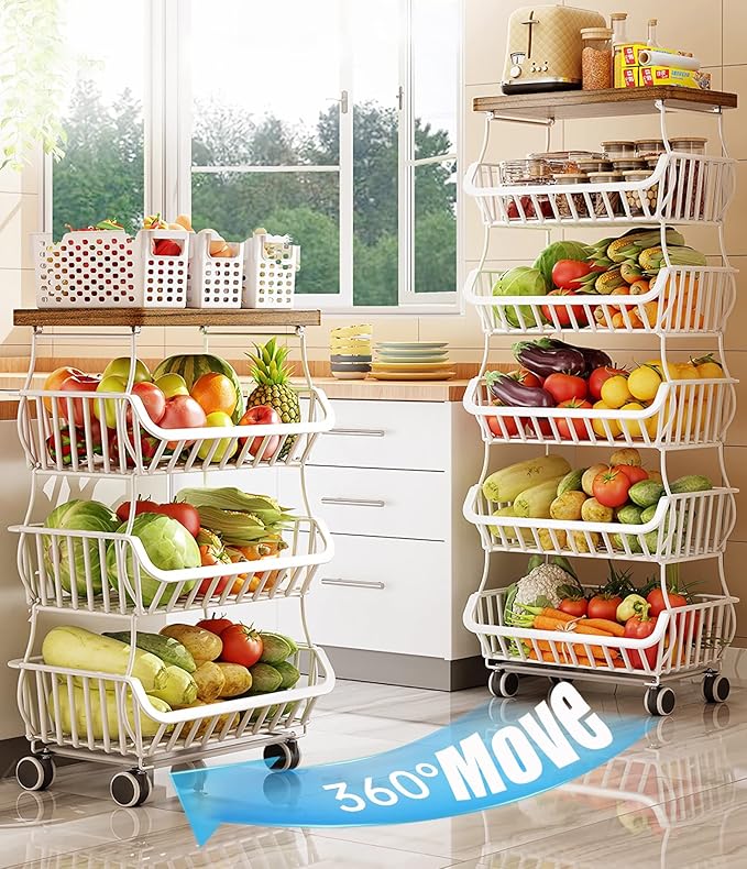 MURRI&MURRDI Fruit Vegetable Storage Basket with Wooden Lid, 6 Tier Stackable Storage Baskets with Wheels Produce Basket Organizer for Kitchen Rolling Rack Storage Cart for Pantry (White 6 Layer)
