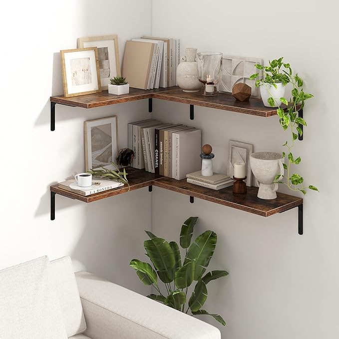 Fun Memories Deep Floating Shelves, 24W x 8D Floating Shelves Set of 2, Wall Mounted Shelf with Metal Brackets, Rustic Wood Wall Shelf for Bathroom, Kitchen and Living Room, Rustic Brown-NeatNest