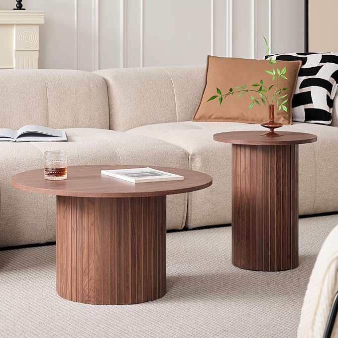 Round Nesting Coffee Tables Set of 2 -φ27.6 Large Short + φ15.8 Small Tall Boho Circle Side Tables with Fluted Drum Design
