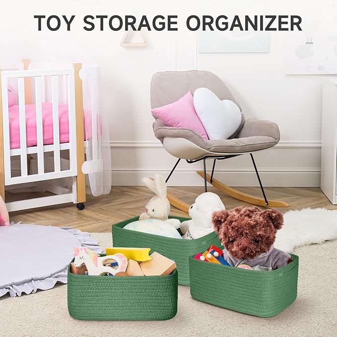 3-Pack Shelf Baskets for Organizing, Closet Organizer Bins, Small Woven Baskets, Rope Toy Basket, Storage Basket for Shelves, Cube Decorative Box, 11.5×7.5×4.7”, Green-NeatNest