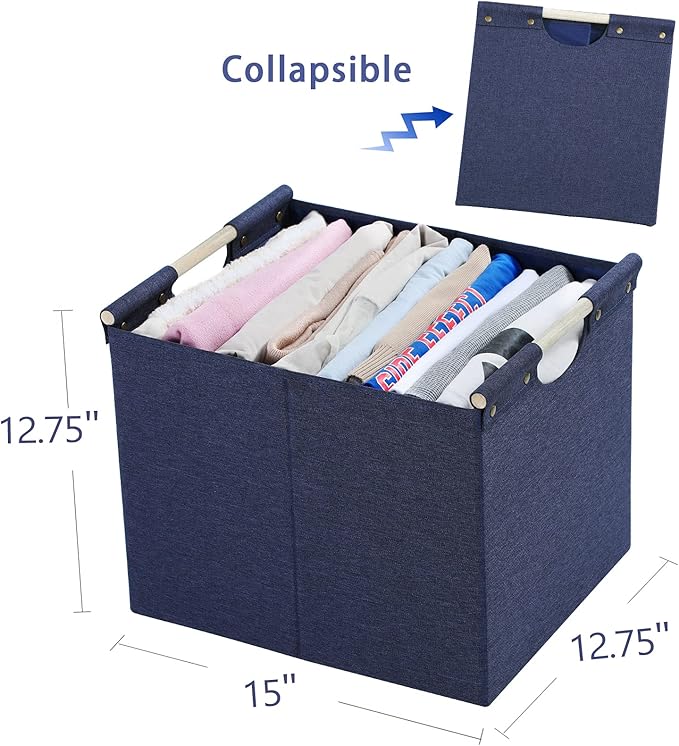 HOONEX Large Foldable Storage Bins, Linen Fabric, Pack of 2, Storage Baskets with Wooden Carry Handles and Sturdy Heavy Cardboard, for Home, Office, Car, Nursery, Blue