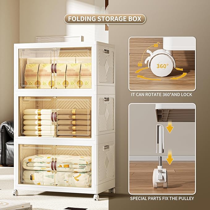 400 QT / 100 Gal Collapsible Storage Bins with Wheels & Magnetic Doors - Stackable Plastic Cabinet Organizer for Home, Garage, Closet (White Space-Saving Containers)-NeatNest