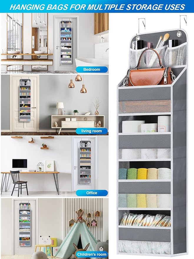 2 Pack Over The Door Organizer, Hanging Storage Organization with Large Capacity Pockets, Swing-Proof Behind Door Storage Shelf for Kicthen Bedroom Nursery Kids Toys Shoes, Grey