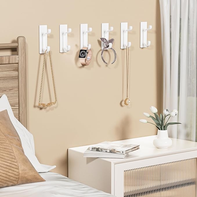6 Pack Self Adhesive Wall White Hooks - Coat Hooks Wall Mount for Clothes, Towel, Keys, Purse, Backpack, Bag, Hat, Sticky Hooks for Door, Kitchen, Bathroom, Shower, Rental Houses, Hold 10Lbs.