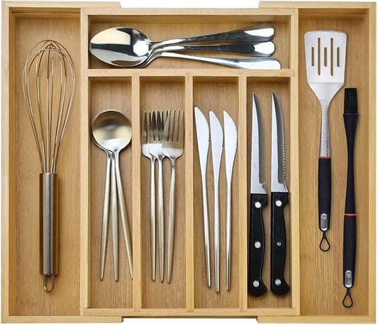 Expandable Large Kitchen Utensil Organizers Bamboo Silverware Drawer Organizer Tray Adjustable Flatware Organizer Fork Spoon Wood Cutlery Tray Cooking Utensils Holder Drawer Divider Silverware Trays-NeatNest