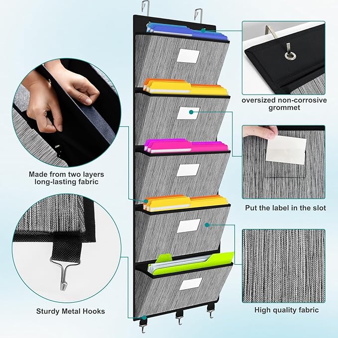 homyfort Over the Door File Organizer, Hanging File Folders, Wall Organizers and Storage for Mail, Magazine, Notebooks, Planners, Office, Classroom, 5 Extra Large Pockets, 50.39” Tall (Black)-NeatNest
