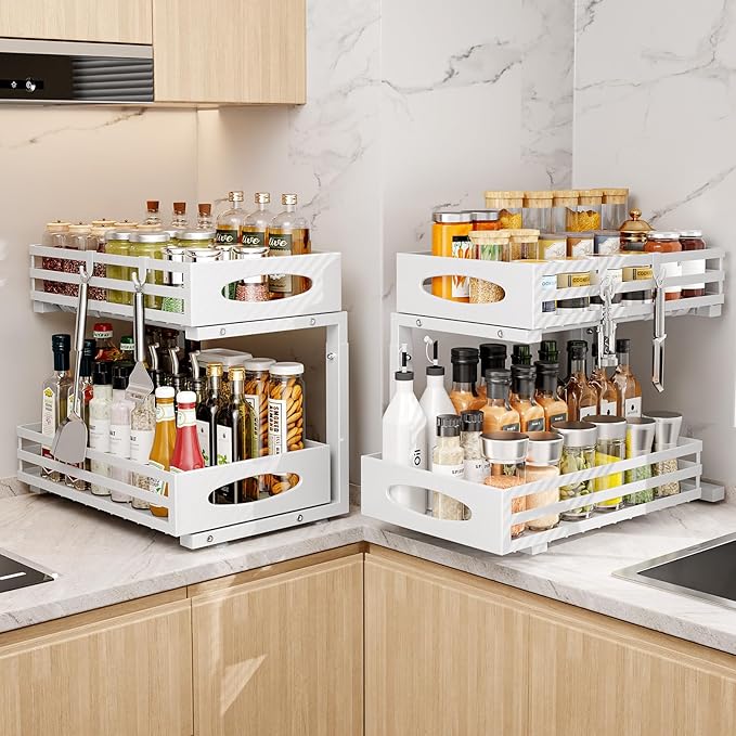 Under Sink Organizer, 2 Tier Under Sink Organizers and Storage, Adjustable Height, Slide out Metal Cabinet Organizers, Pull out Cabinet Storage Drawer Shelf for Kitchen Bathroom White, 2 Pack-NeatNest