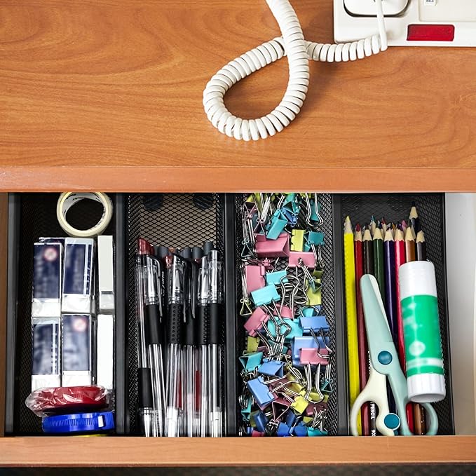 2PCS Drawer Organizer, Mesh Drawer Organizer with Interlocking Arm for Utensil, Cosmetic, Flatware, Pen (9 * 3 * 2 Inches, Black)-NeatNest