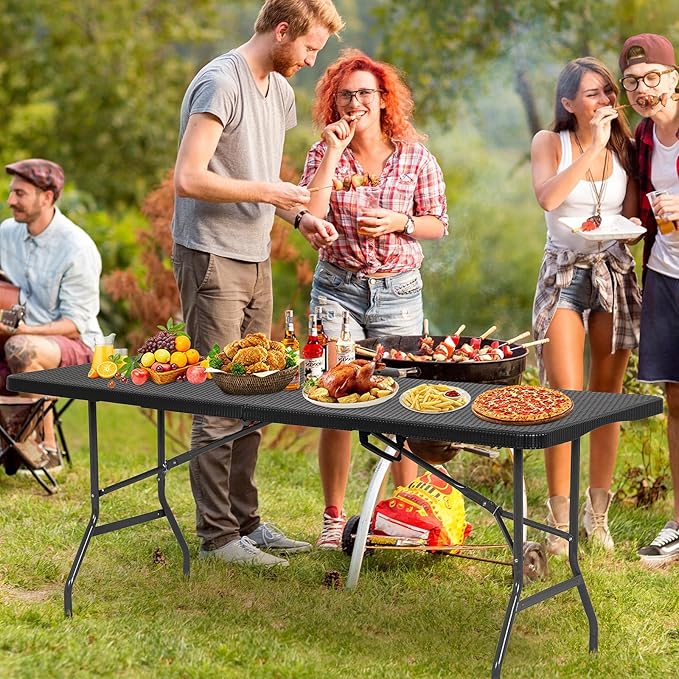 6ft Folding Table, Heavy Duty Foldable Table with Handle, Portable Fold-in-Half Utility Tables for Indoor & Outdoor Use Perfect for Camping BBQ Party Wedding Market Events, Black Ratten-NeatNest