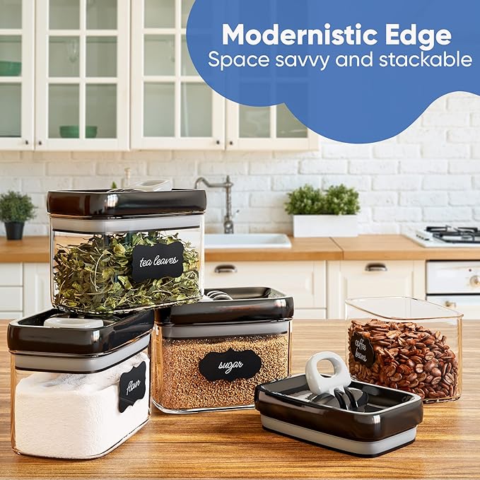 Chef's Path Airtight Food Storage Containers with Improved Lids, Set of 6, 1L Kitchen and Pantry Canisters for Coffee, Spices, and Dry Food, Includes Labels and Marker - Transparent, All Same Size-NeatNest