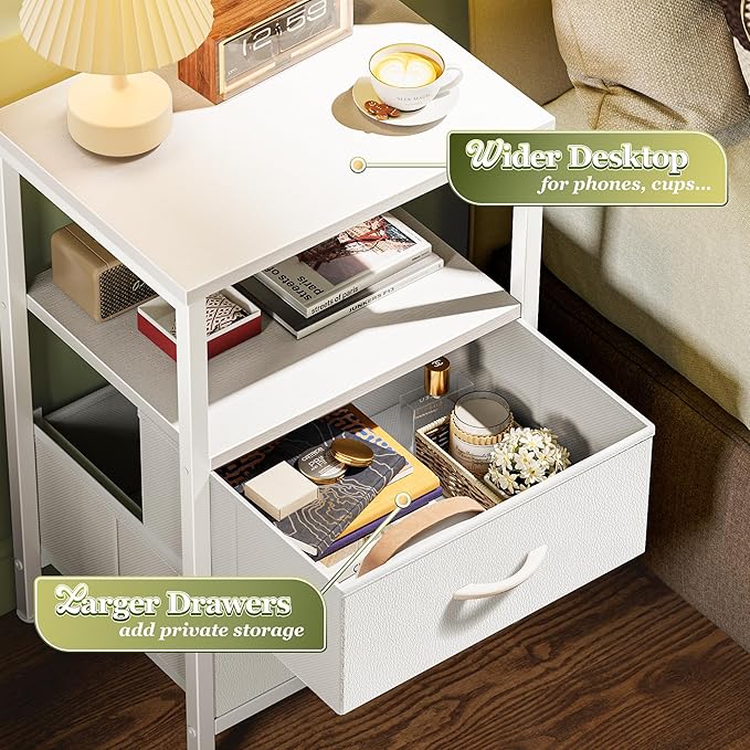 Huuger Night Stand Set of 2, Nightstand with 2 Drawers, Bed Side Table with Open Shelf, Wooden Top, End Table, PU Leather Fabric Drawer Surface, for Bedroom, White