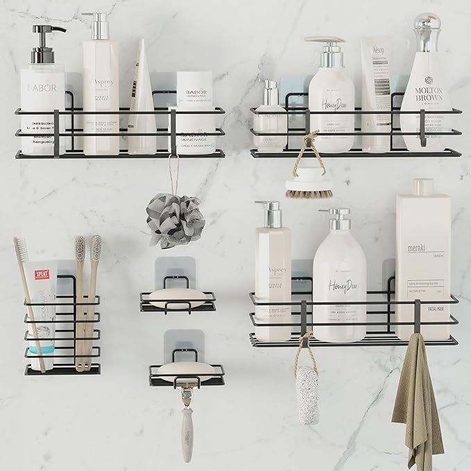 Dekula Adhesive Shower Caddy 6 Pack, Shower Shelves Organizer for Bathroom Storage, Rustproof Stainless Steel Bath Organizers, Kitchen, Adhesive or Screw, Soap Dish, Hooks, Wall Shelf