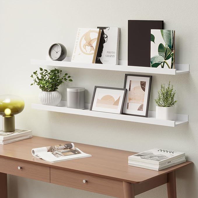 36 Inches Long Floating Shelves Wall Mounted, 2 Set Modern White Wall Shelf for Bedroom, Nursery Book Shelf with Lip, Picture Ledge Shelf for Wall Decor Living Room Bathroom Kitchen - White-NeatNest