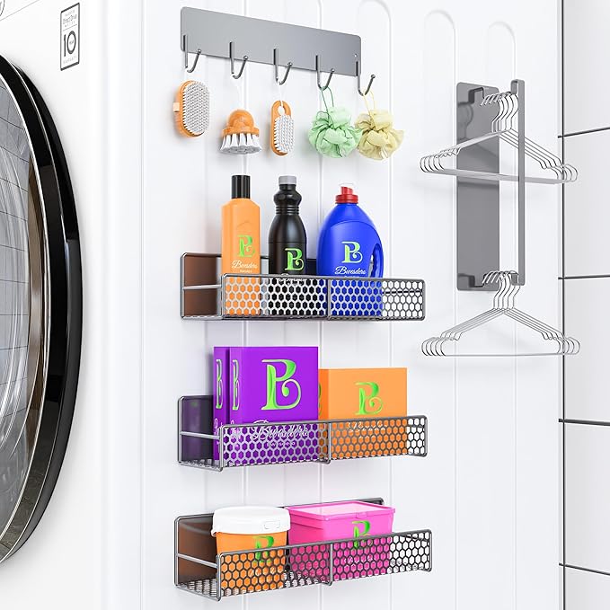 5 Pack Heavy Duty Magnetic Shelves for Laundry Room Organizer for Washer, Dryer, Fridge Spice Rack with Towel Holder, 11Lbs Capacity, No Drilling (Grey)