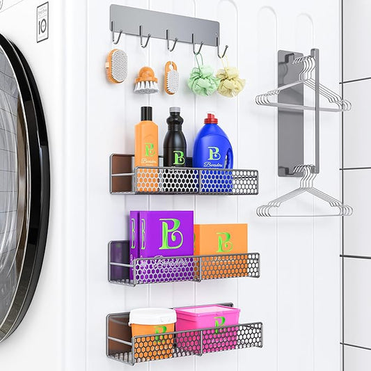 5 Pack Heavy Duty Magnetic Shelves for Laundry Room Organizer for Washer, Dryer, Fridge Spice Rack with Towel Holder, 11Lbs Capacity, No Drilling (Grey)