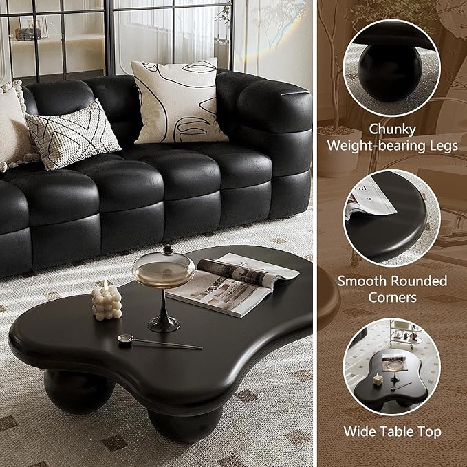 Cloud-Shape Cute Coffee Table Black Irregular Coffee Table with 3 Short Legs Modern Live Round Edge Coffee Table for Living Room Bedroom Easy Assembly,Cloud b Black 47.2"-NeatNest