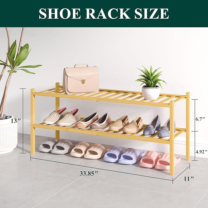 Smiry Bamboo Shoe Rack for Closet, 2 Tier Long Wooden Stackable Shoe Organizer, Free Standing Shoes Storage Shelf for Entryway, Front Door Entrance, Natural-NeatNest