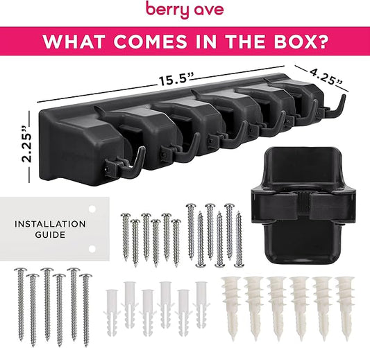 Combo 5 Slot Broom Holder w/ 1 Self Adhesive Mop Gripper No-Drilling, Wall Mount Tool Organizers For Kitchen, Garage, Laundry Room- Anti-Slip Hanger For Brooms, Mops, Rakes, Dustpans (Black / Black)-NeatNest