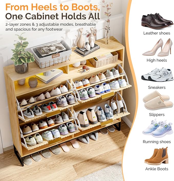VINGLI Fluted Shoe Cabinet Storage for Entryway,Hidden Shoes Storage Cabinet with 4 Flip Drawers, Mid Century Modern Shoe Rack with LED Light,Shoes Organizer with Cubby for Hallway(Natural Oak)-NeatNest