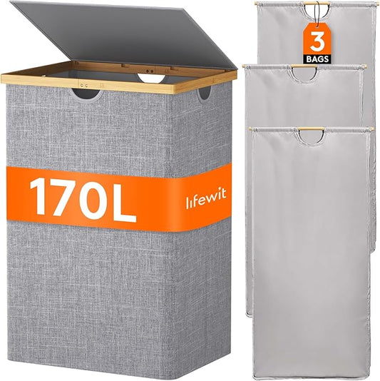 Lifewit 170L Triple Laundry Hamper with Lid, Extra Large Bamboo Laundry Basket Dirty Clothes Hamper,3 Section Laundry Bin Organizer for Laundry Room Bedroom with 3 Removable Liners & Bags, Light Gray-NeatNest